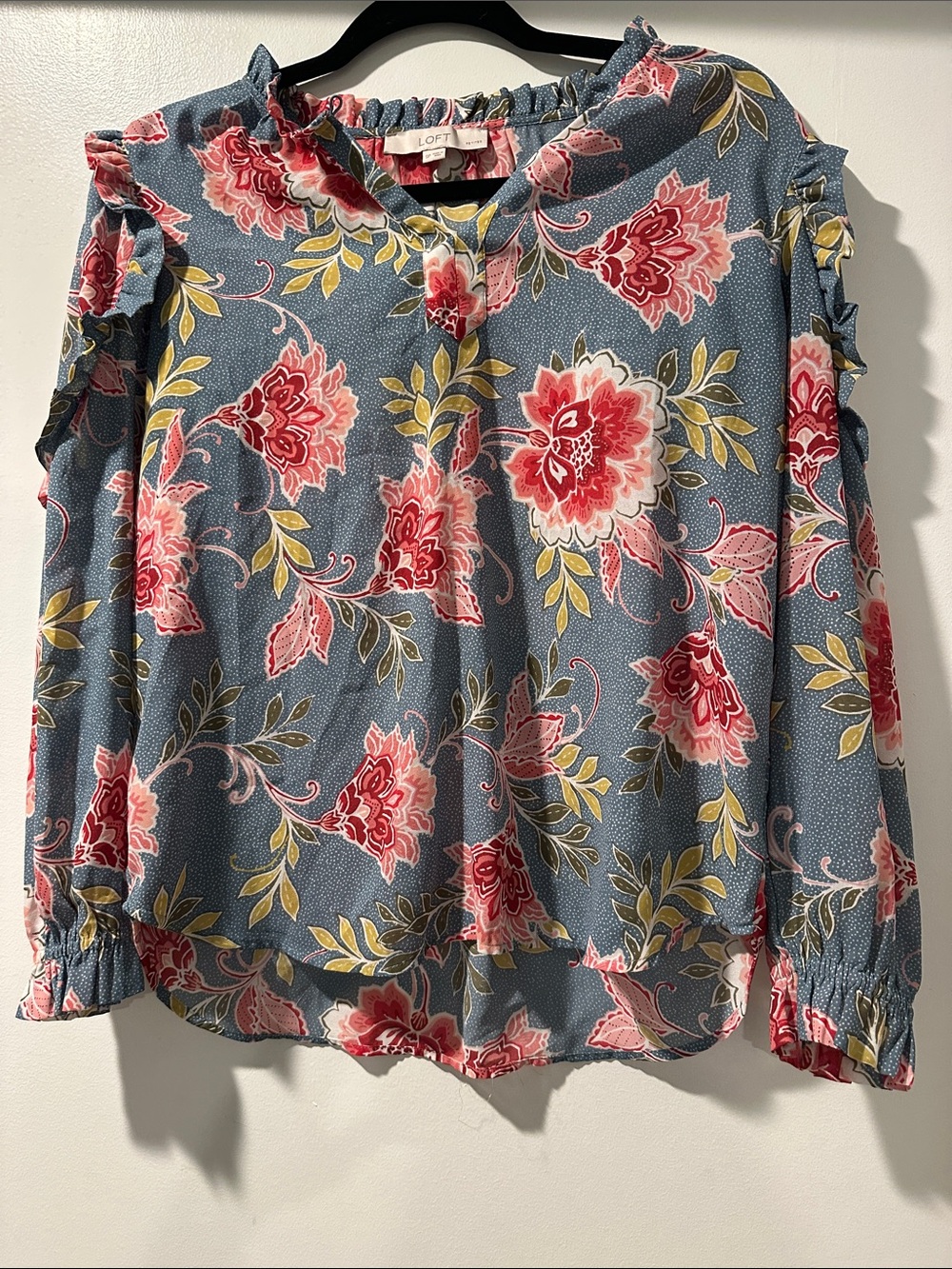 LOFT Blue Floral Cold-Shoulder Blouse with Pink Flowers